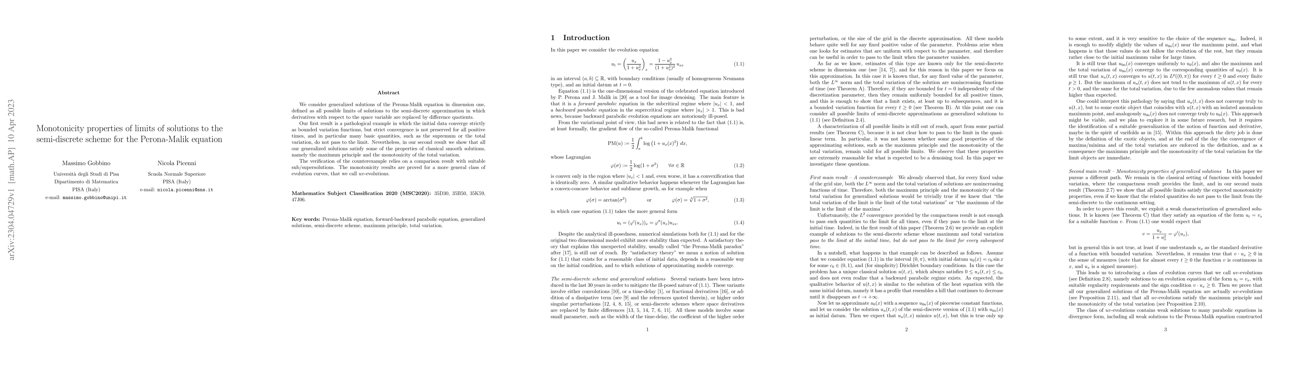 Thumbnail for Monotonicity properties of limits of solutions to the semi-discrete
  scheme for the Perona-Malik equation