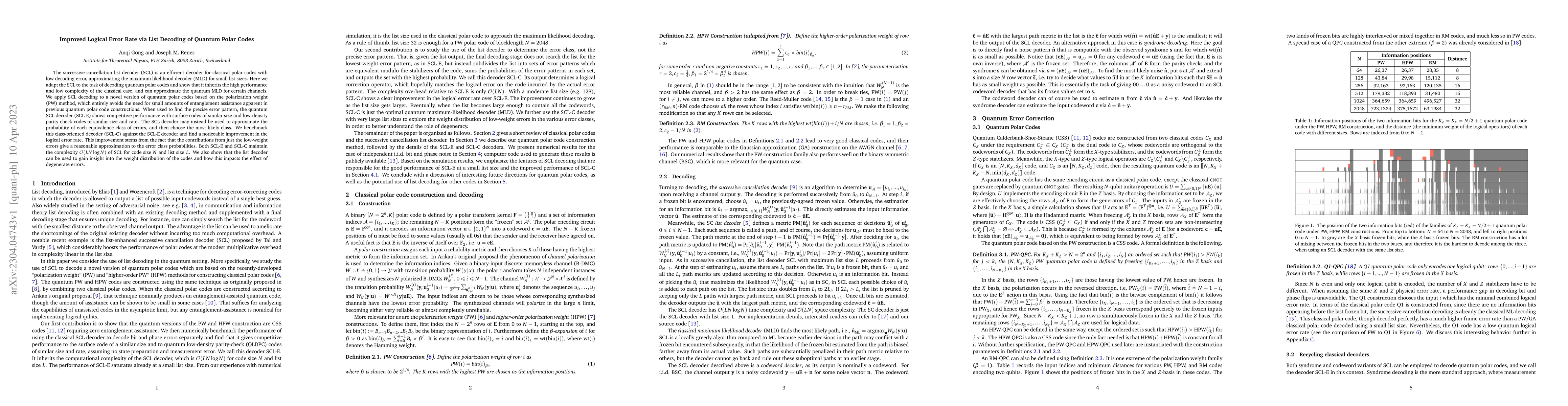 Thumbnail for Improved Logical Error Rate via List Decoding of Quantum Polar Codes