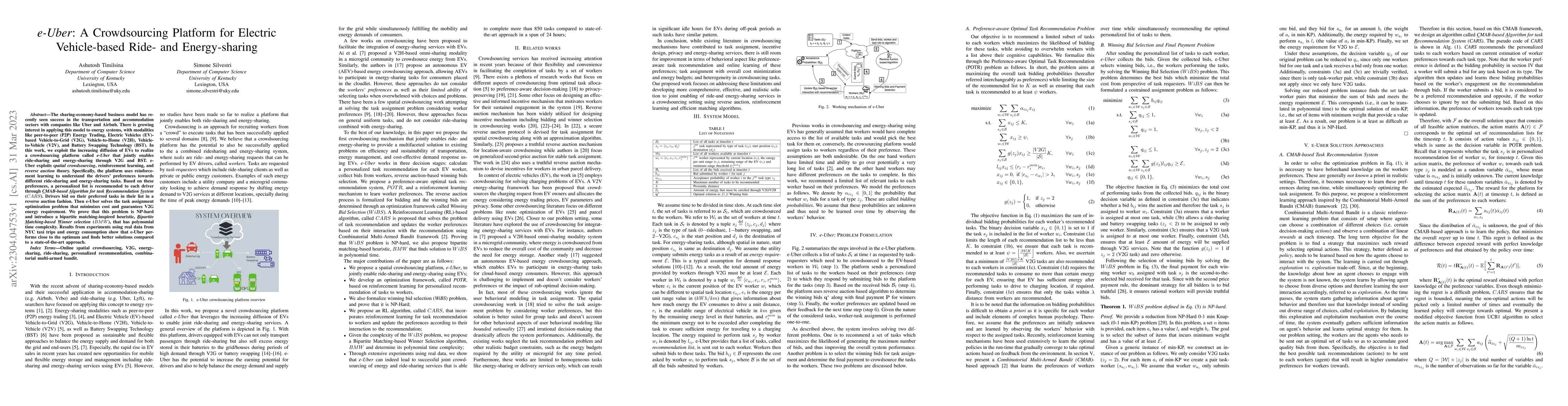 Thumbnail for $\textit{e-Uber}$: A Crowdsourcing Platform for Electric Vehicle-based
  Ride- and Energy-sharing