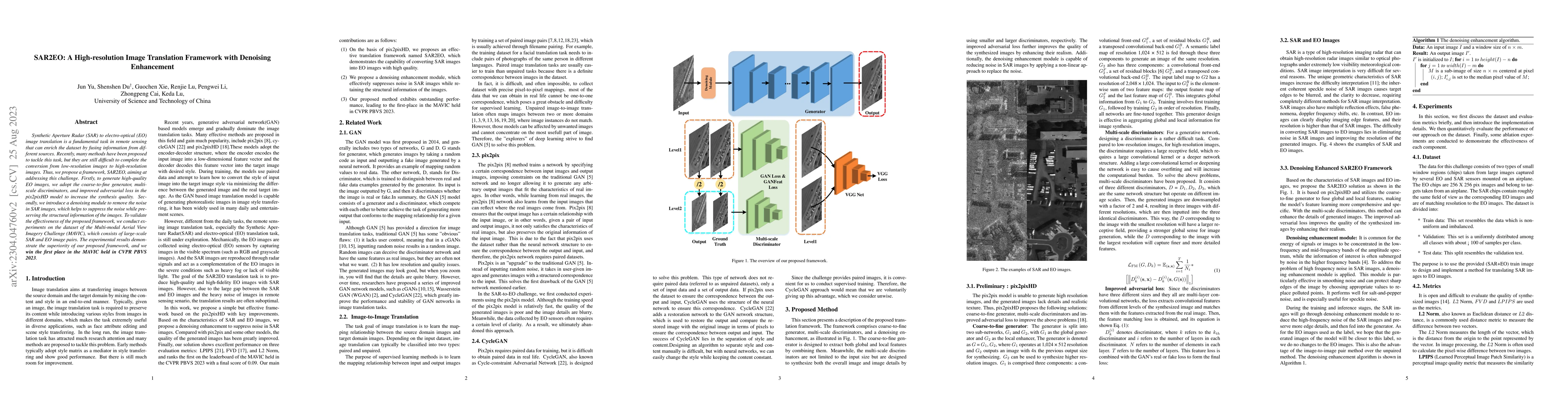 Thumbnail for SAR2EO: A High-resolution Image Translation Framework with Denoising
  Enhancement