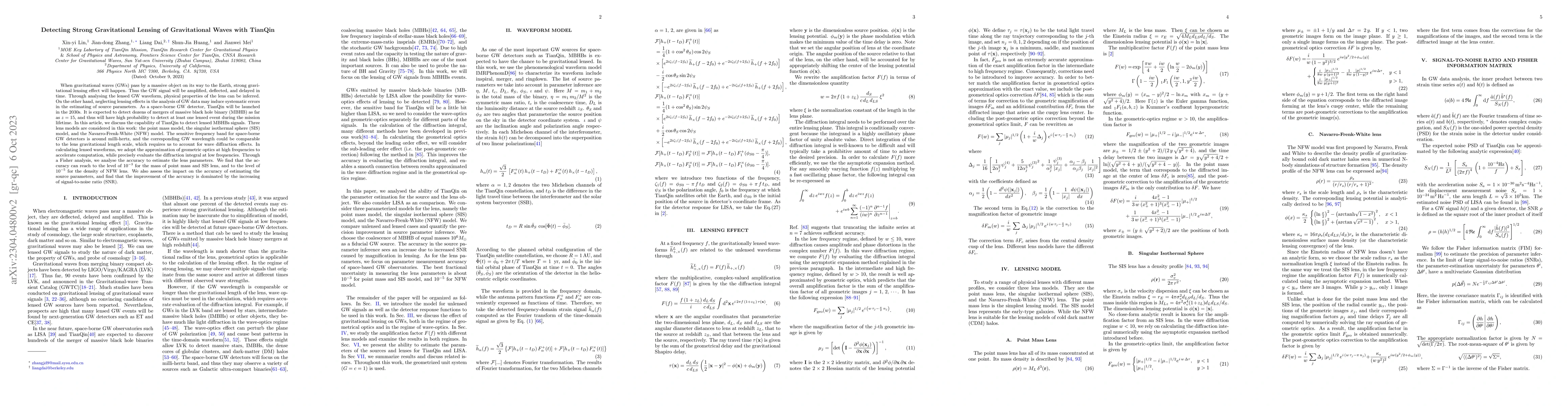 Thumbnail for Detecting Strong Gravitational Lensing of Gravitational Waves with
  TianQin