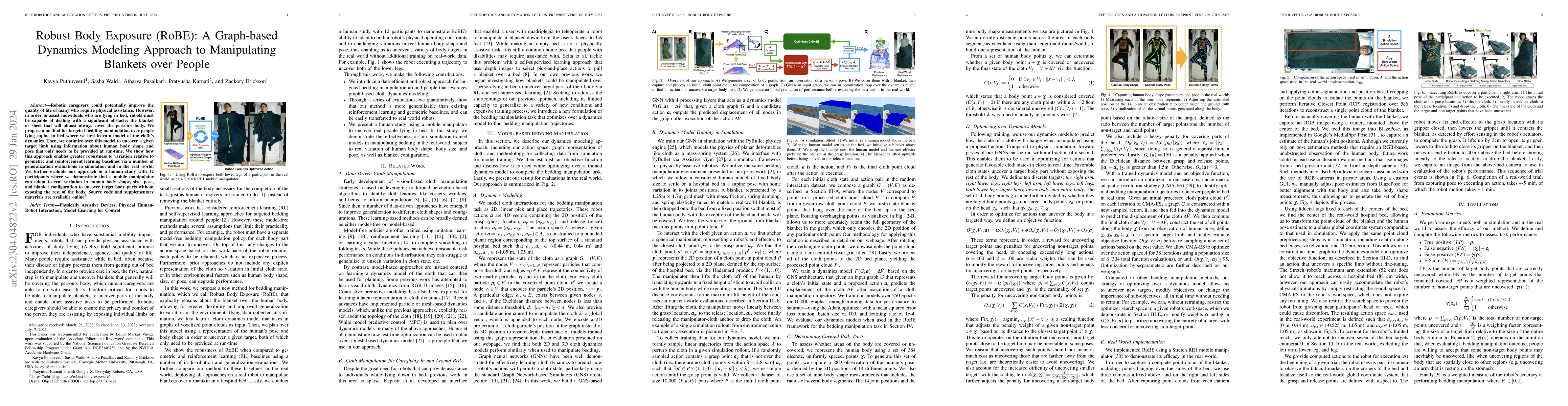 Thumbnail for Robust Body Exposure (RoBE): A Graph-based Dynamics Modeling Approach to
  Manipulating Blankets over People
