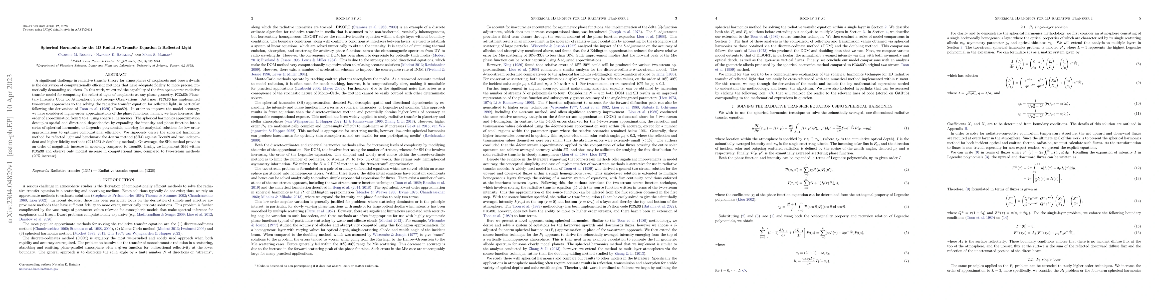 Thumbnail for Spherical Harmonics for the 1D Radiative Transfer Equation I: Reflected
  Light