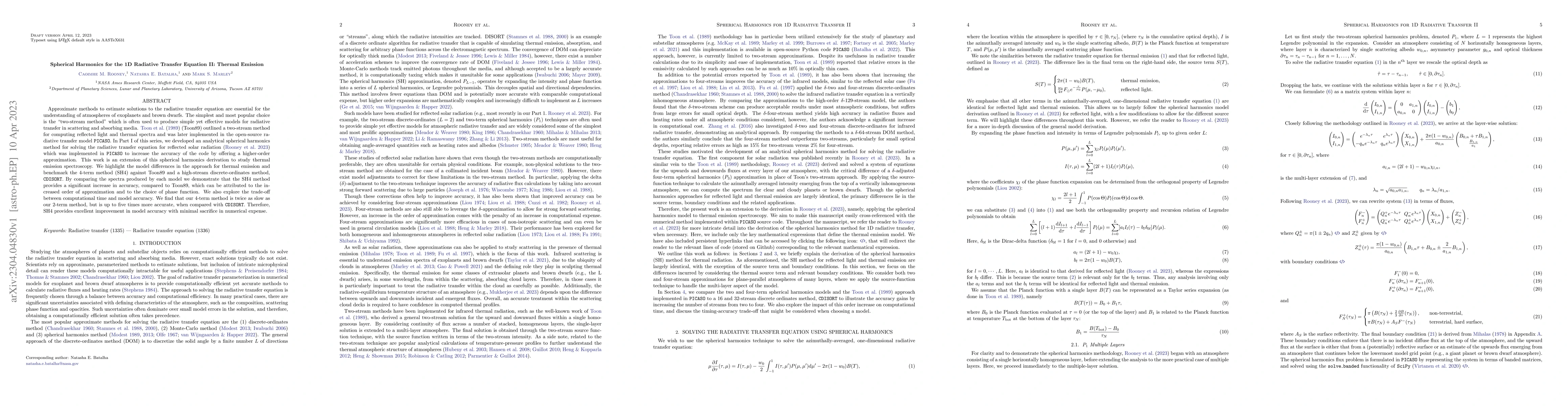 Thumbnail for Spherical Harmonics for the 1D Radiative Transfer Equation II: Thermal
  Emission
