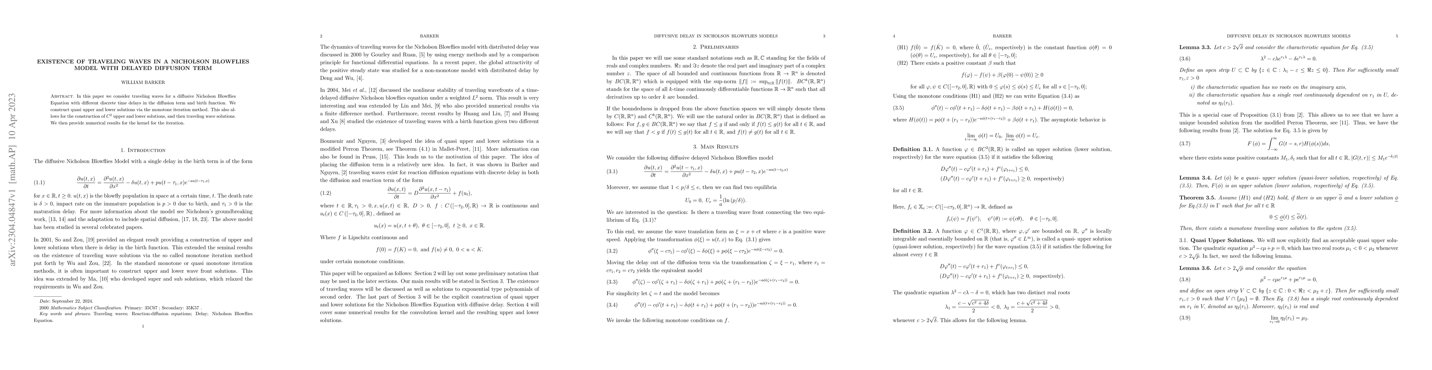 Thumbnail for Existence of Traveling in a Nicholson Blowfies Model with Delayed
  Diffusion Term