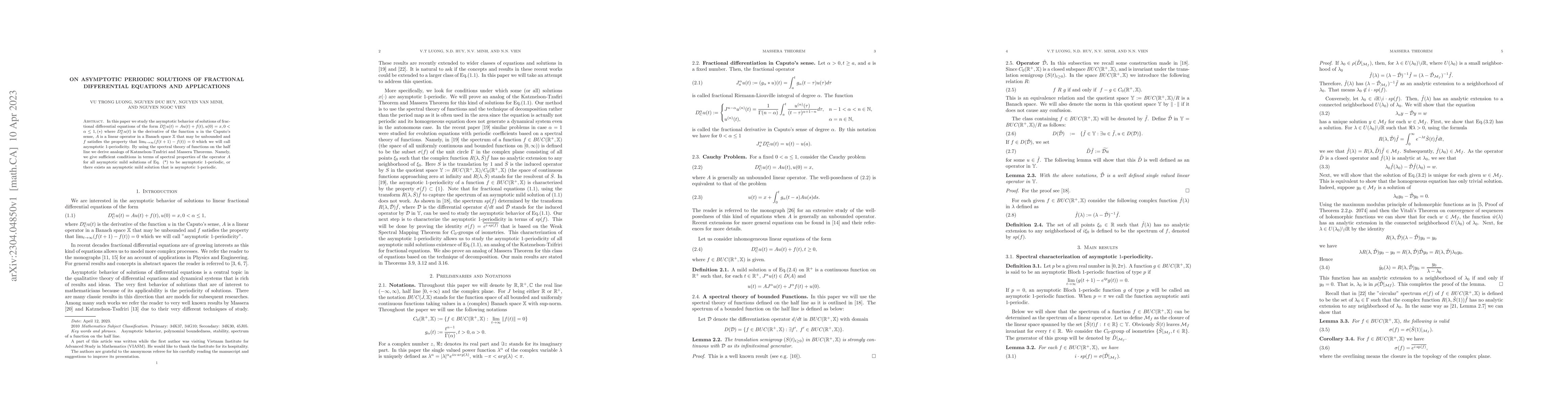 Thumbnail for On asymptotic periodic solutions of fractional differential equations
  and applications