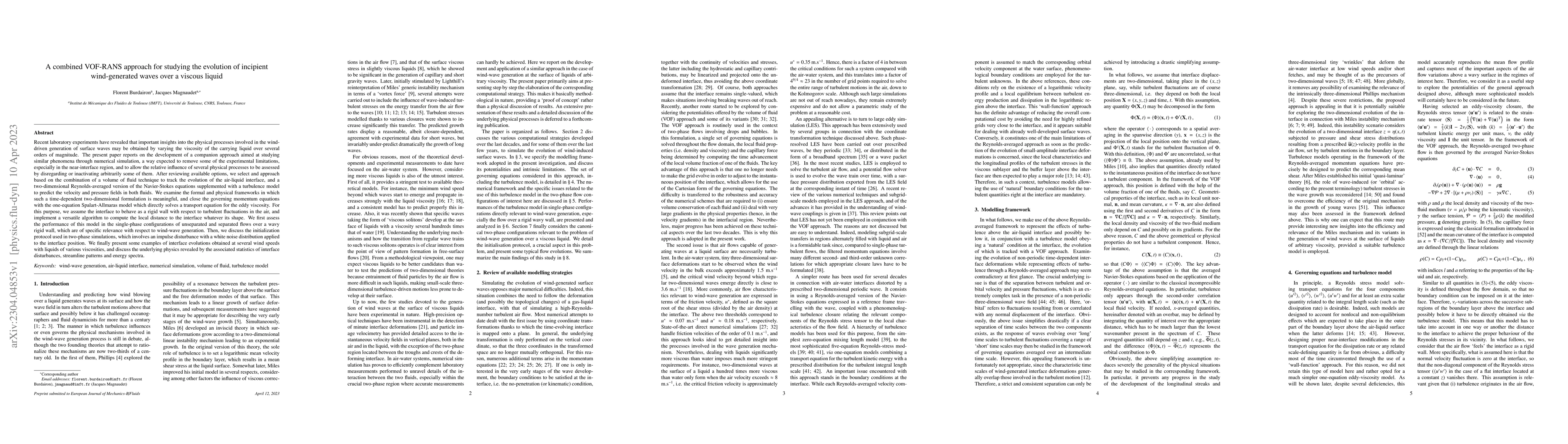 Thumbnail for A combined VOF-RANS approach for studying the evolution of incipient
  wind-generated waves over a viscous liquid