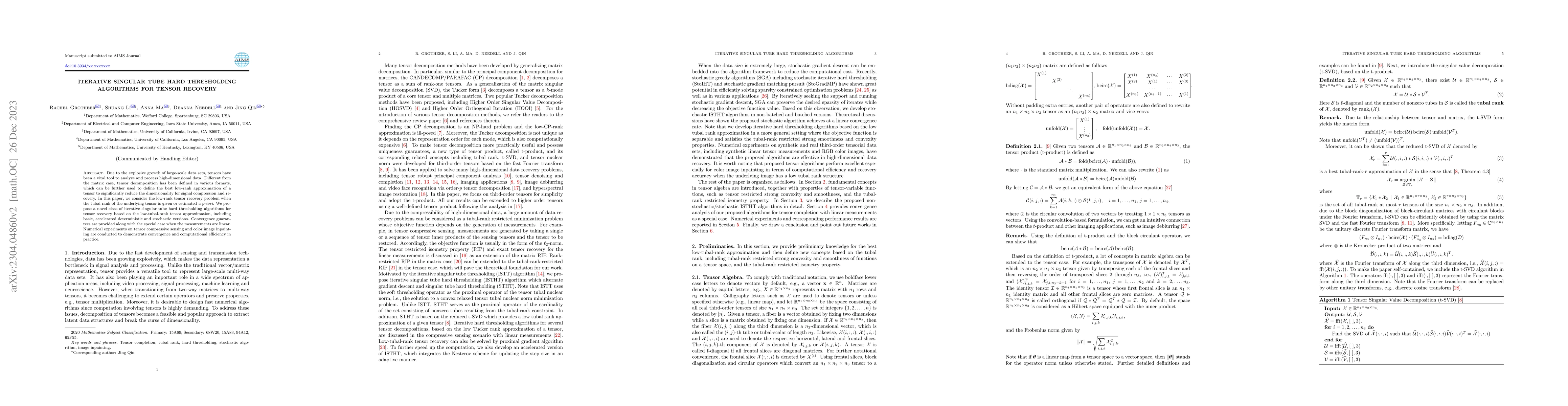 Thumbnail for Iterative Singular Tube Hard Thresholding Algorithms for Tensor Recovery