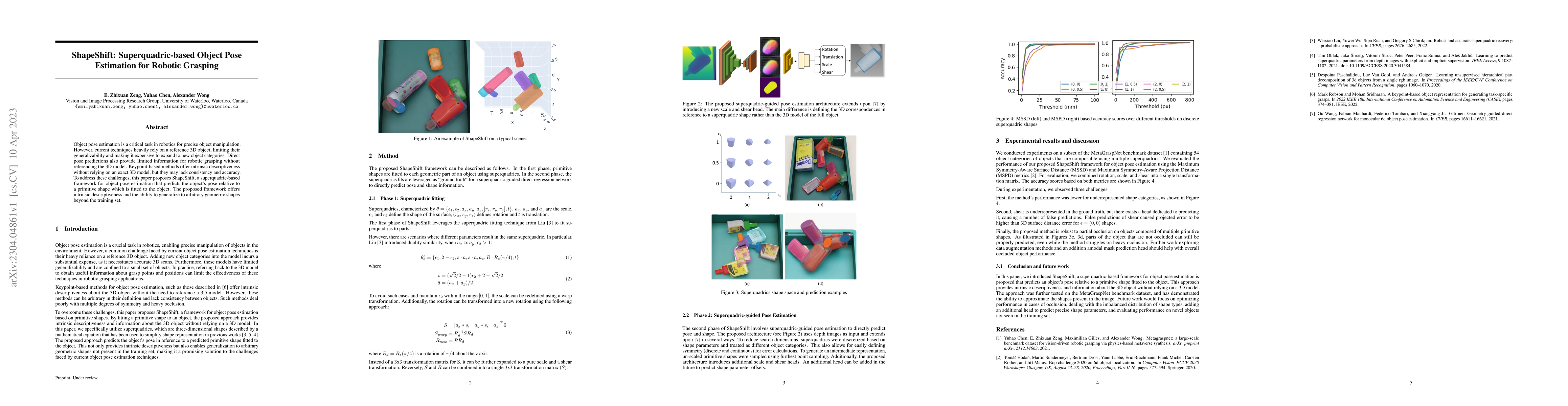 Thumbnail for ShapeShift: Superquadric-based Object Pose Estimation for Robotic
  Grasping