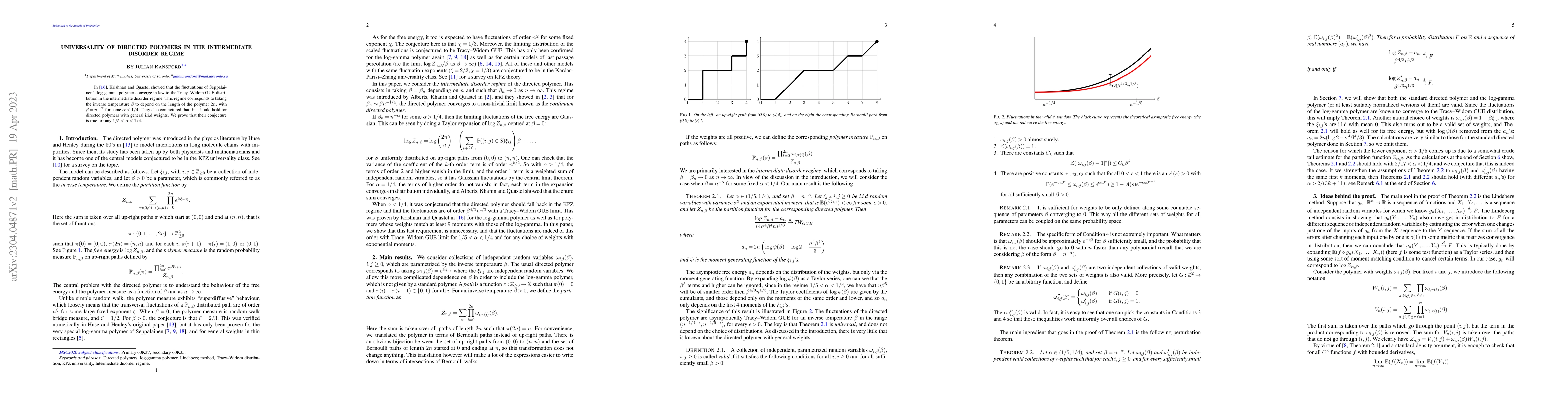 Thumbnail for Universality of directed polymers in the intermediate disorder regime
