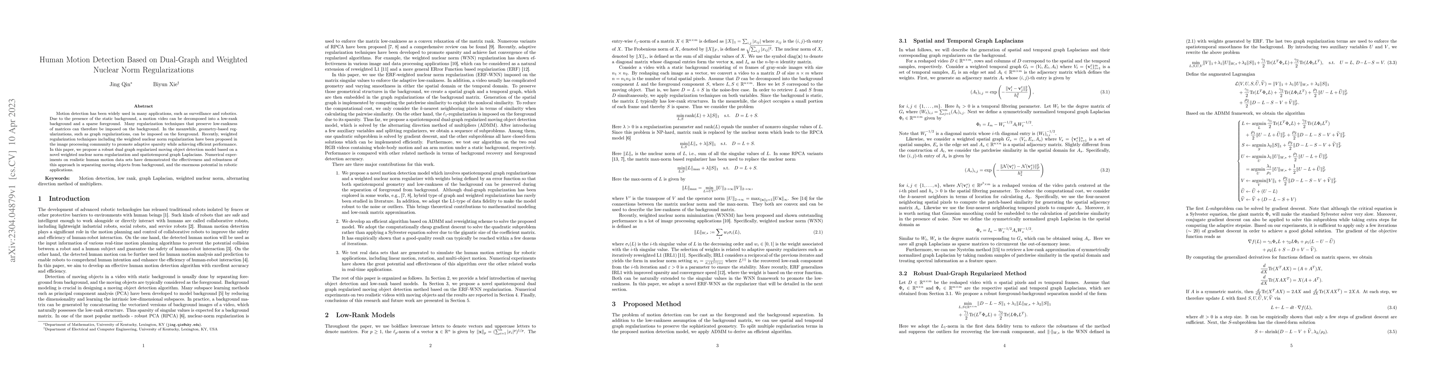 Thumbnail for Human Motion Detection Based on Dual-Graph and Weighted Nuclear Norm
  Regularizations