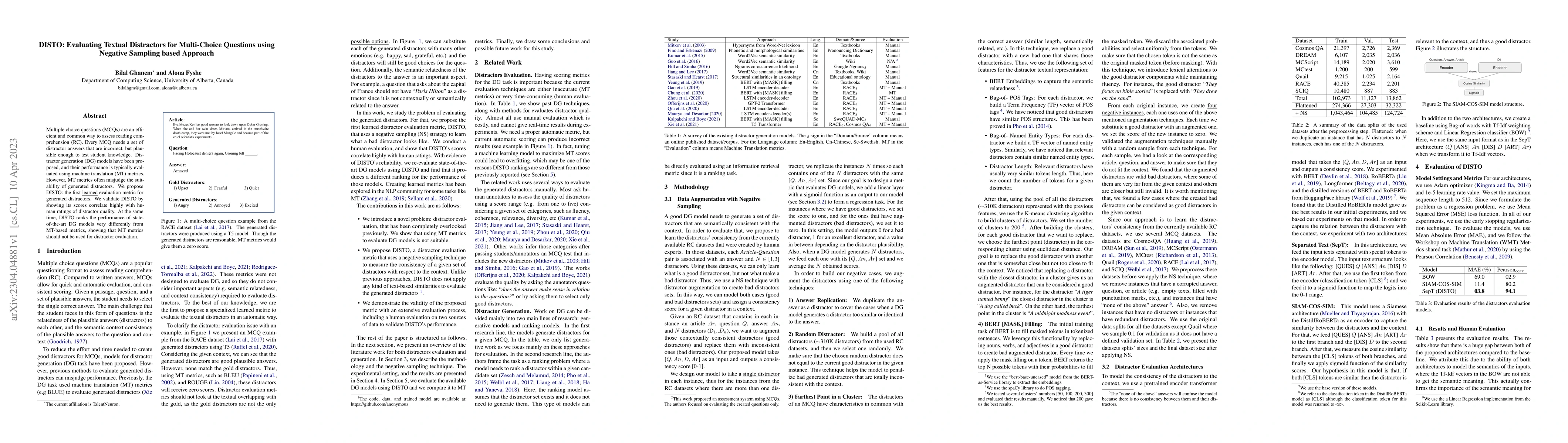 Thumbnail for DISTO: Evaluating Textual Distractors for Multi-Choice Questions using
  Negative Sampling based Approach