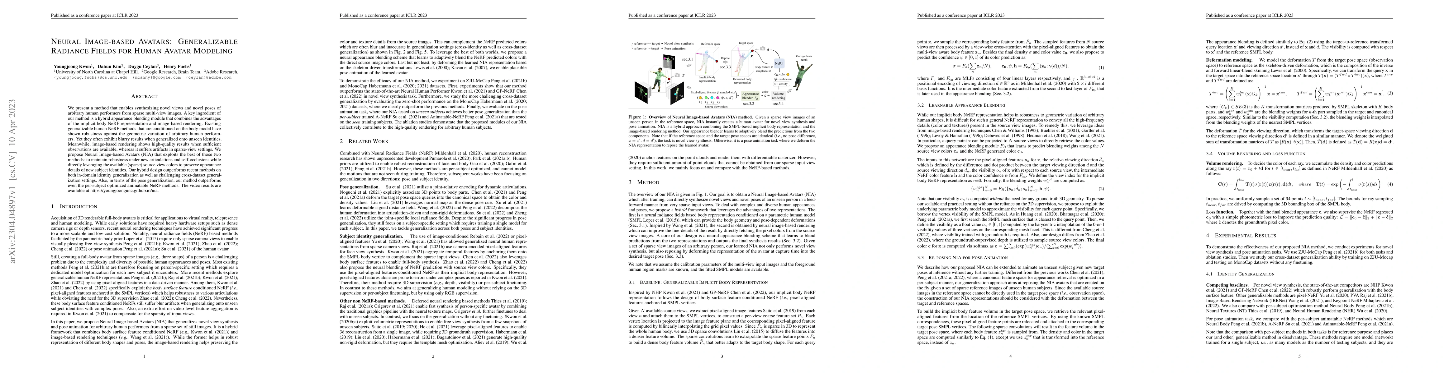 Thumbnail for Neural Image-based Avatars: Generalizable Radiance Fields for Human
  Avatar Modeling