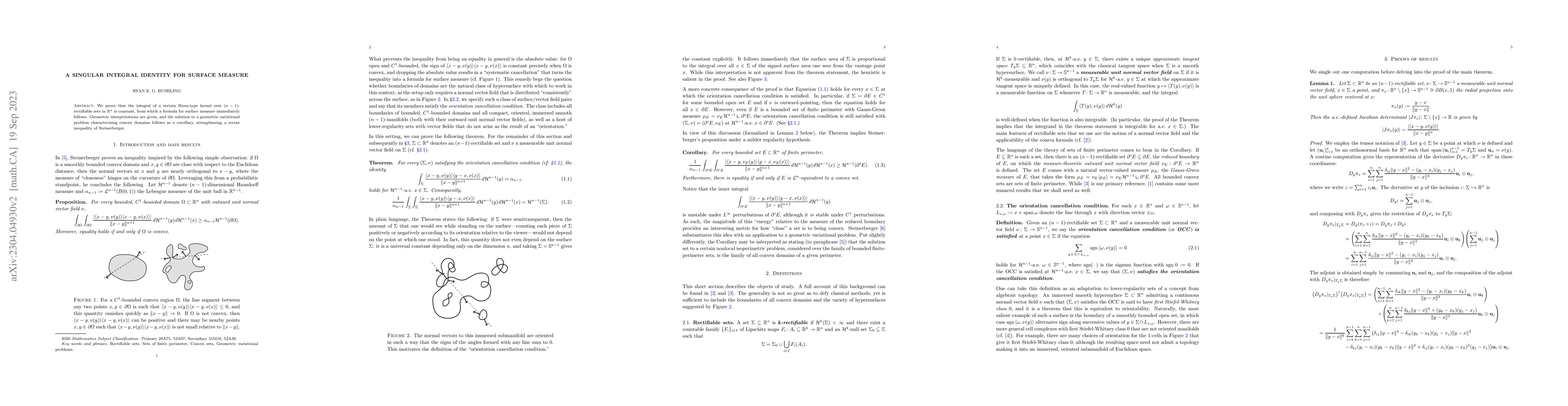 Thumbnail for A singular integral identity for surface measure