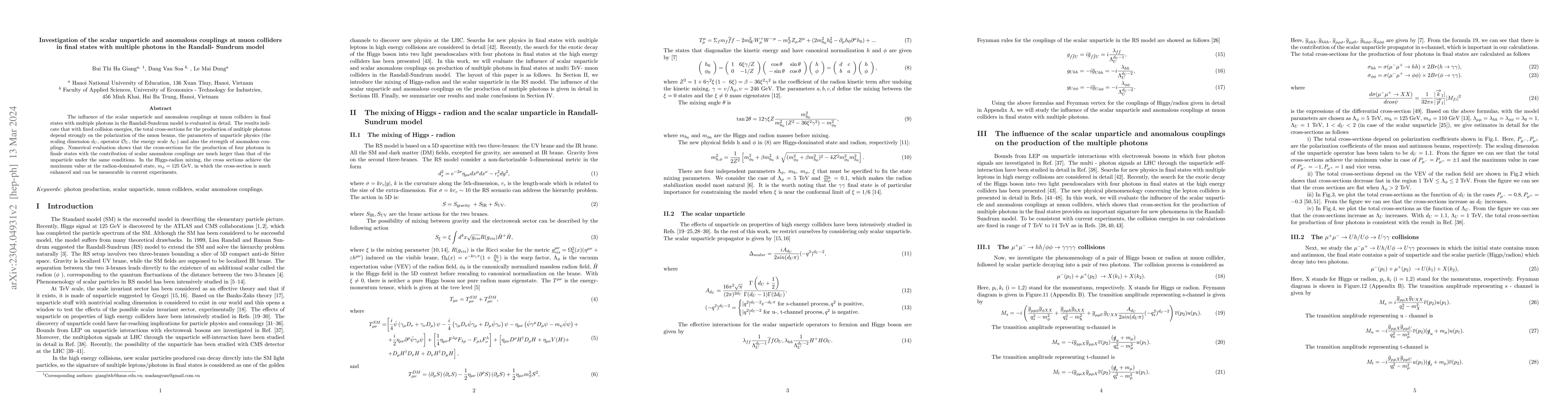 Thumbnail for Investigation of the scalar unparticle and anomalous couplings at muon
  colliders in final states with multiple photons in the Randall- Sundrum model