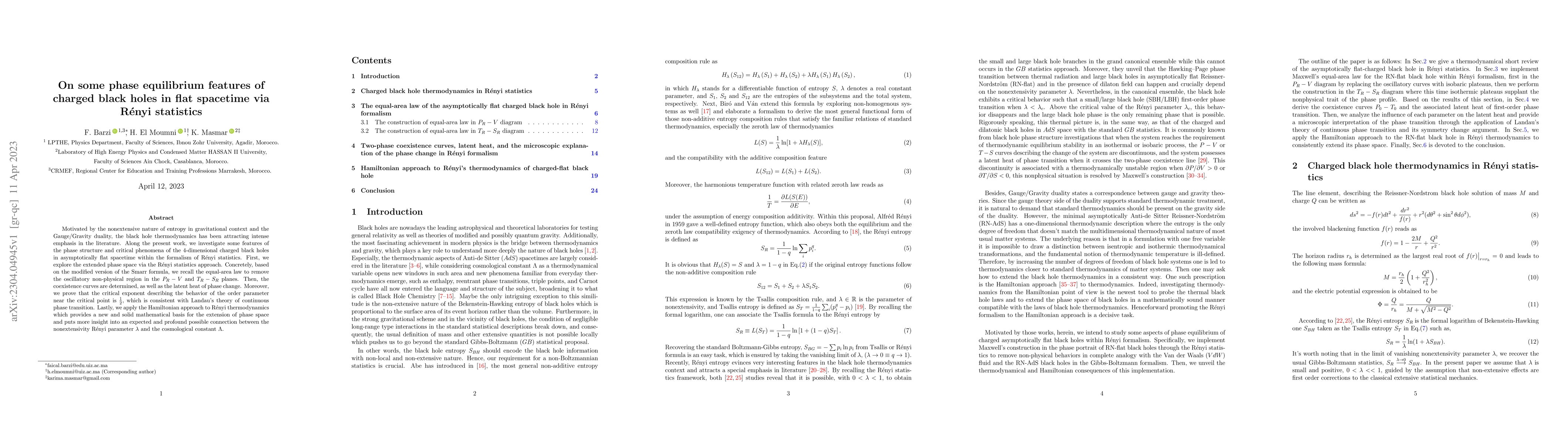 Thumbnail for On some phase equilibrium features of charged black holes in flat
  spacetime via R\'enyi statistics