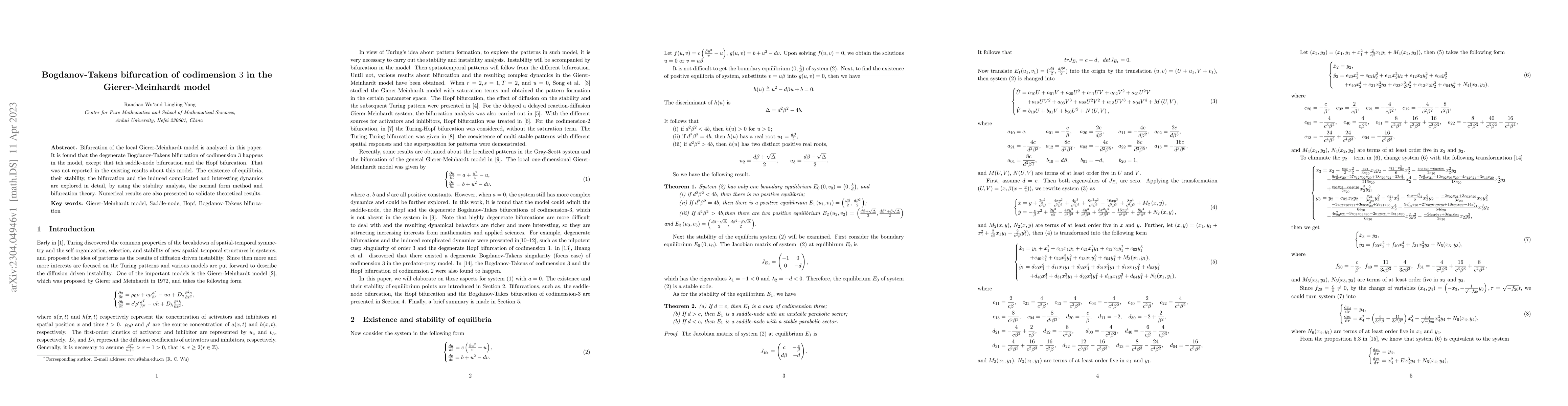 Thumbnail for Bogdanov-Takens bifurcation of codimension $3$ in the Gierer-Meinhardt
  model