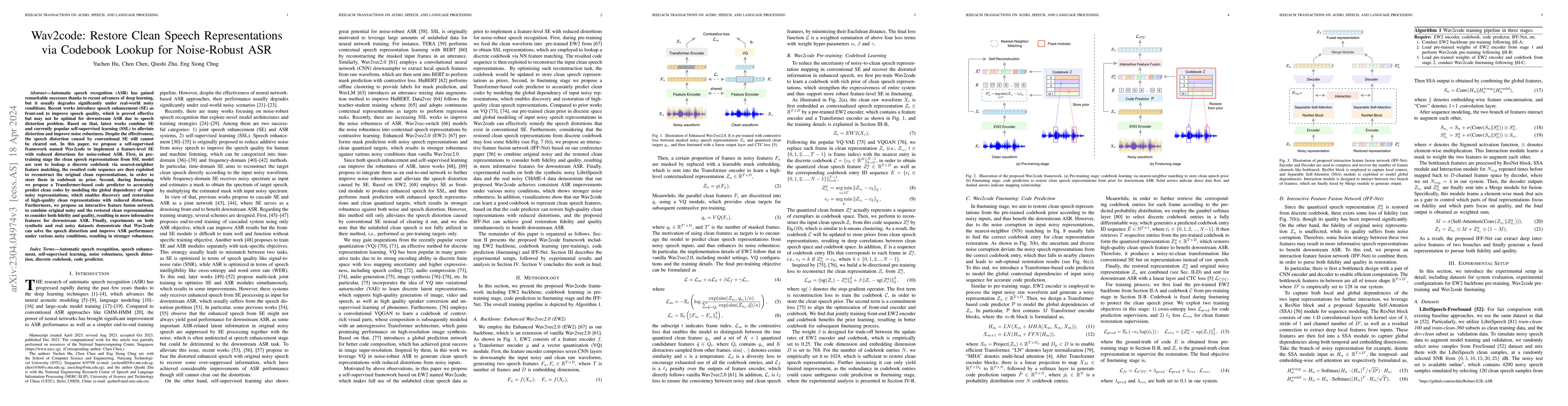 Thumbnail for Wav2code: Restore Clean Speech Representations via Codebook Lookup for
  Noise-Robust ASR