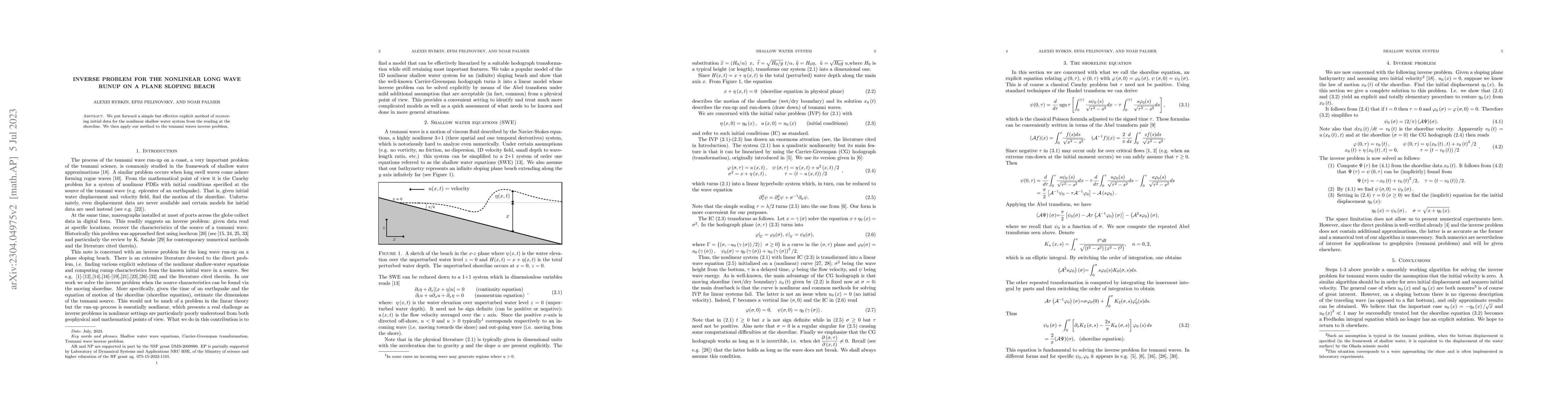 Thumbnail for Inverse problem for the nonlinear long wave runup on a plane sloping
  beach