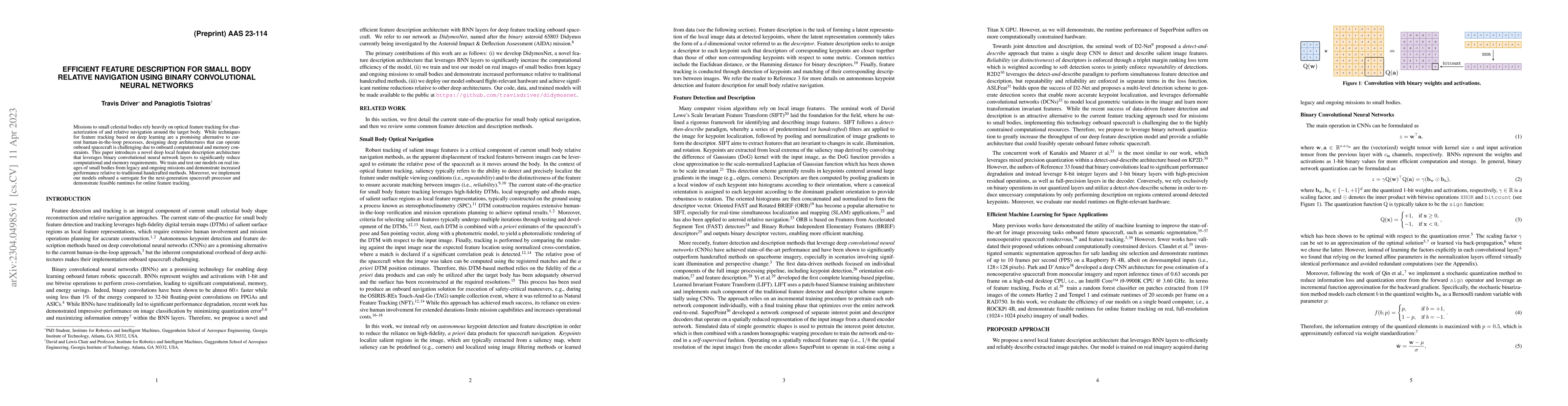 Thumbnail for Efficient Feature Description for Small Body Relative Navigation using
  Binary Convolutional Neural Networks