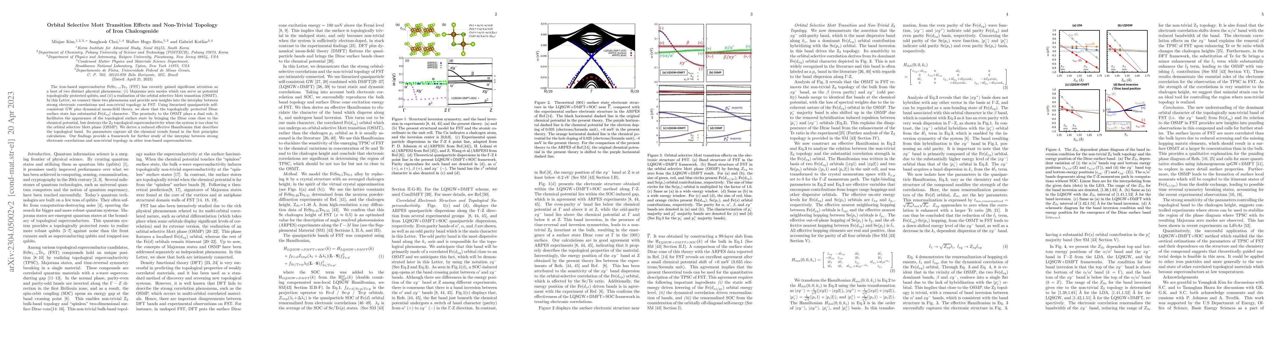 Thumbnail for Orbital Selective Mott Transition Effects and Non-Trivial Topology of
  Iron Chalcogenide