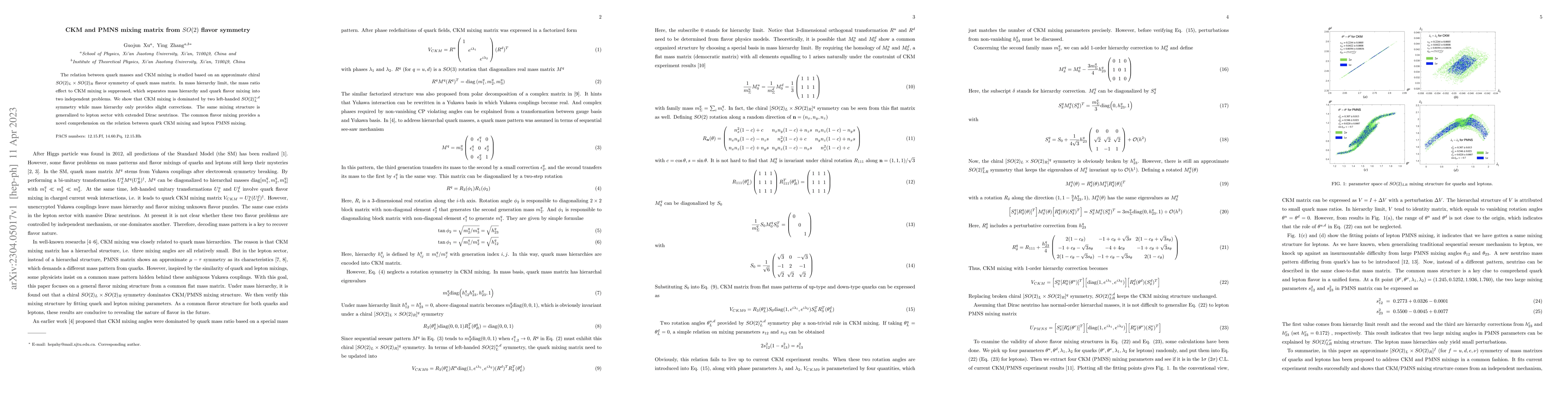 Thumbnail for CKM and PMNS mixing matrix from $SO(2)$ flavor symmetry