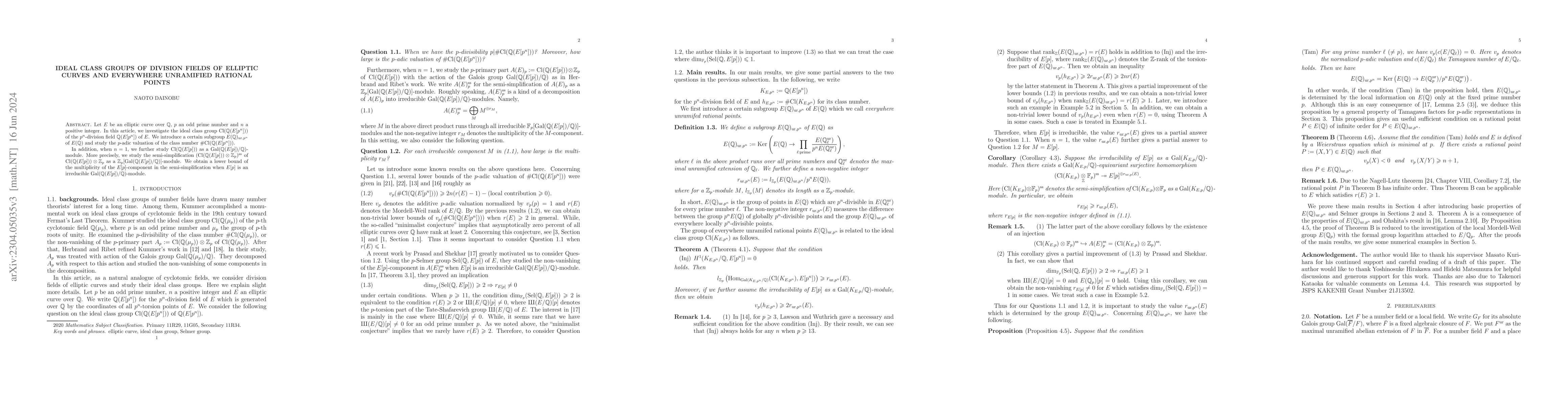 Thumbnail for Ideal class groups of division fields of elliptic curves and everywhere
  unramified rational points