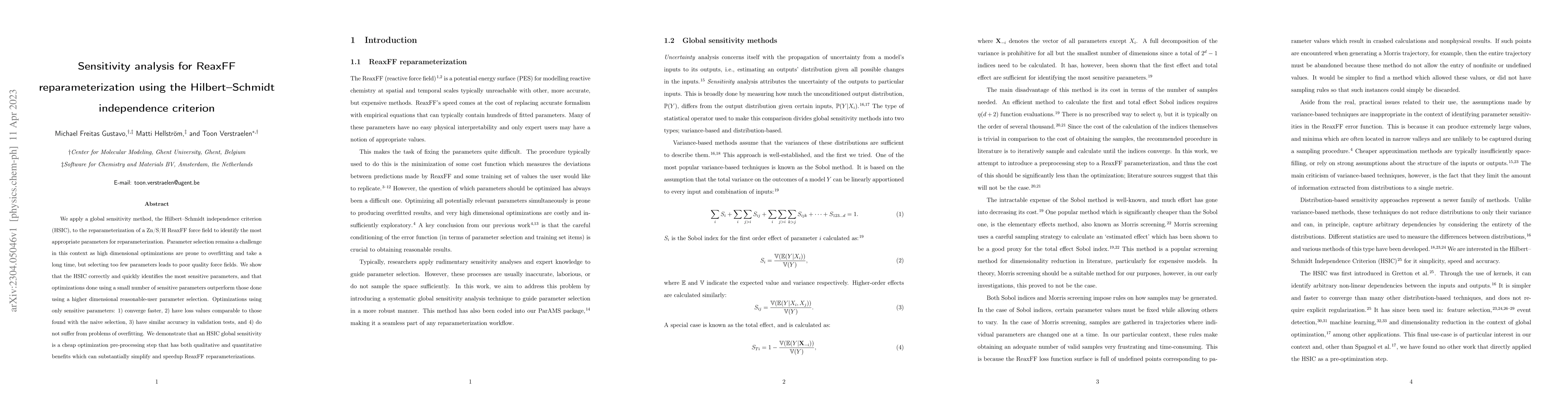 Thumbnail for Sensitivity analysis for ReaxFF reparameterization using the
  Hilbert-Schmidt independence criterion