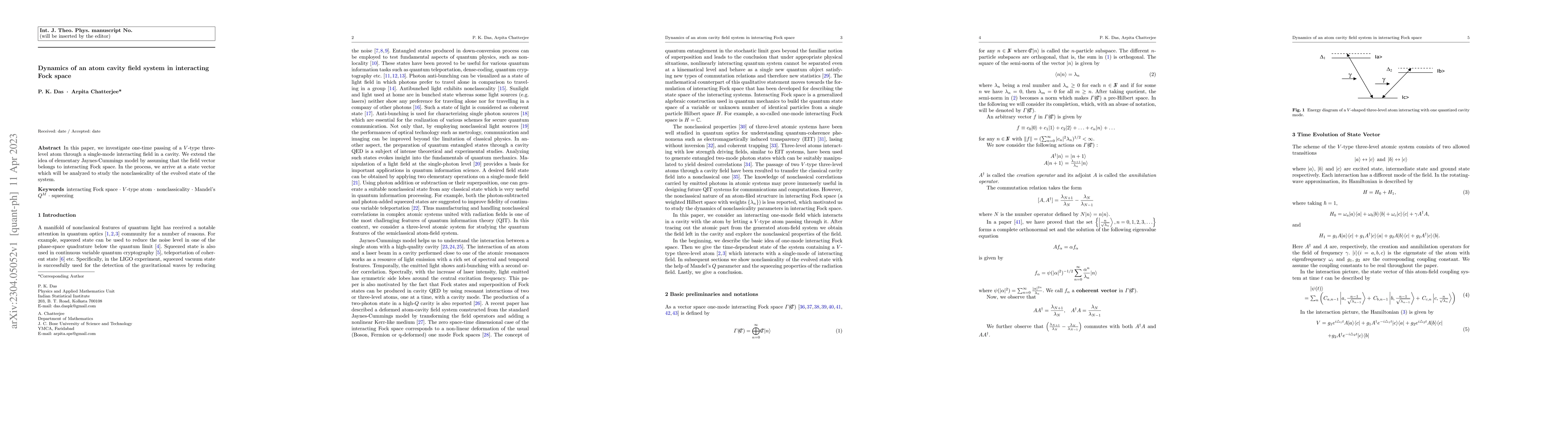 Thumbnail for Dynamics of an atom cavity field system in interacting Fock space