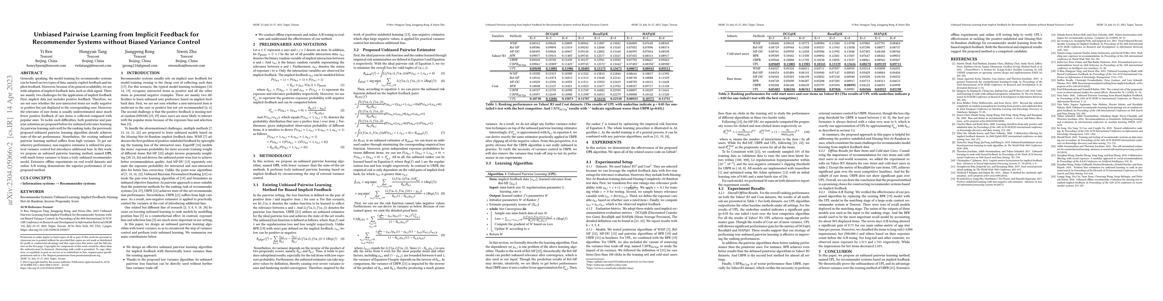Thumbnail for Unbiased Pairwise Learning from Implicit Feedback for Recommender
  Systems without Biased Variance Control