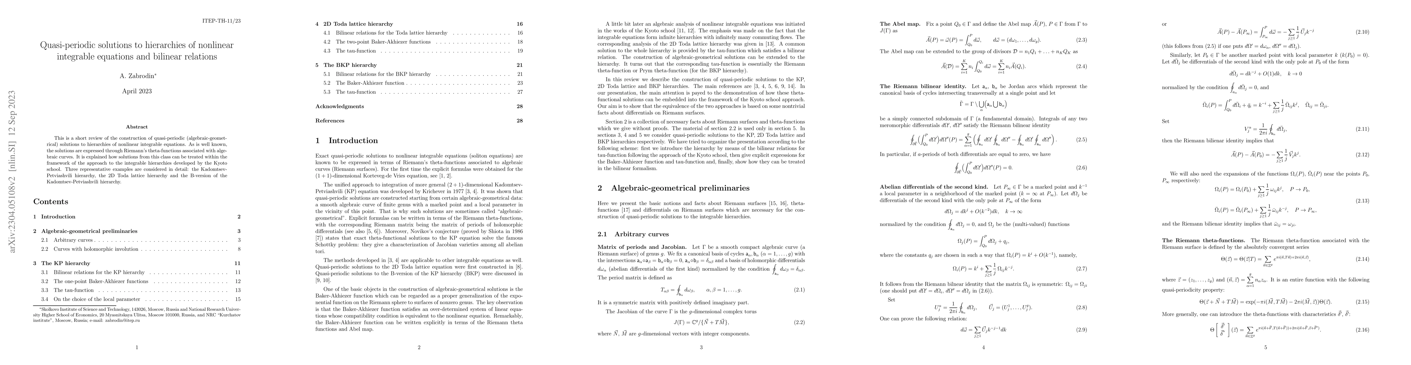 Thumbnail for Quasi-periodic solutions to hierarchies of nonlinear integrable
  equations and bilinear relations