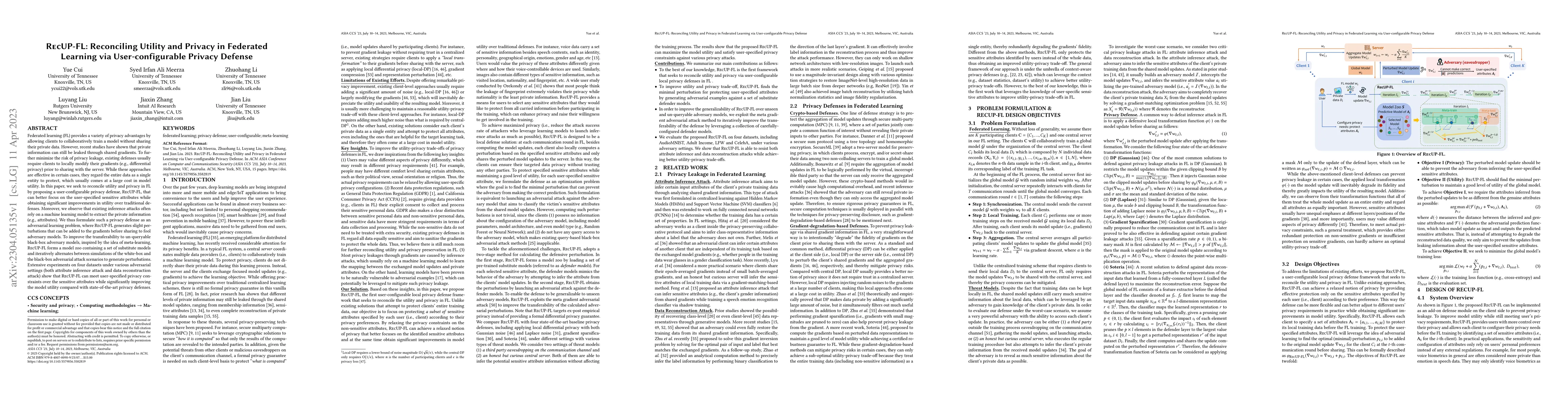 Thumbnail for RecUP-FL: Reconciling Utility and Privacy in Federated Learning via
  User-configurable Privacy Defense