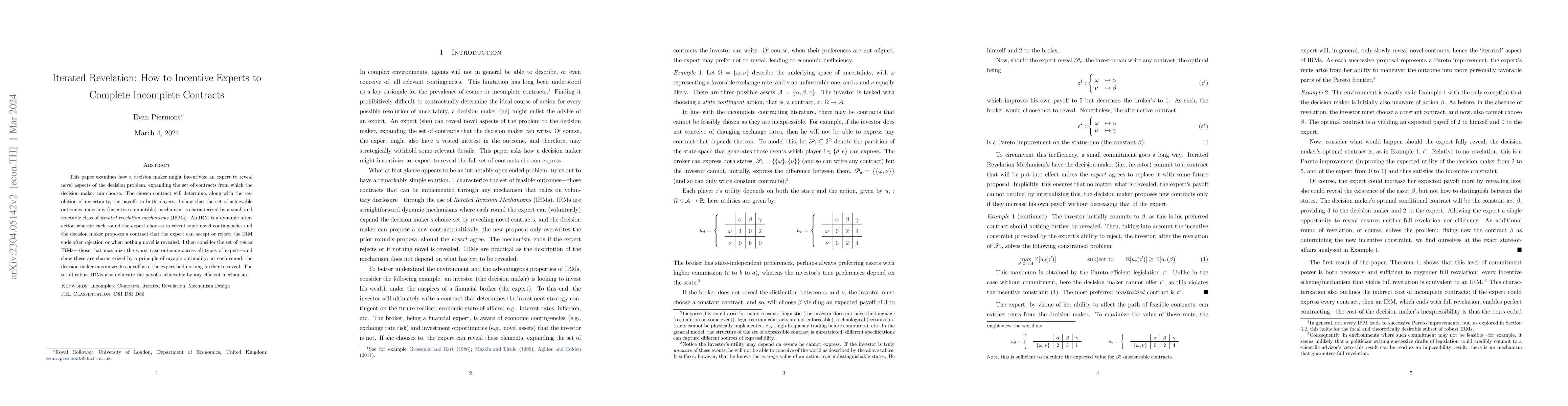 Thumbnail for Iterated Revelation: How to Incentive Experts to Complete Incomplete
  Contracts