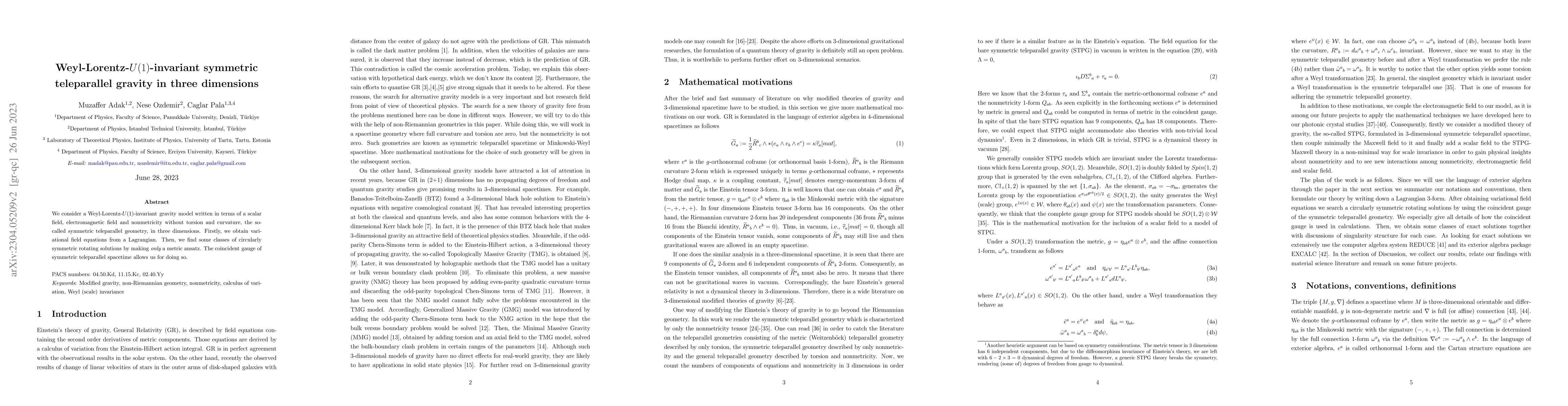 Thumbnail for Weyl-Lorentz-U(1)-invariant symmetric teleparallel gravity in three
  dimensions