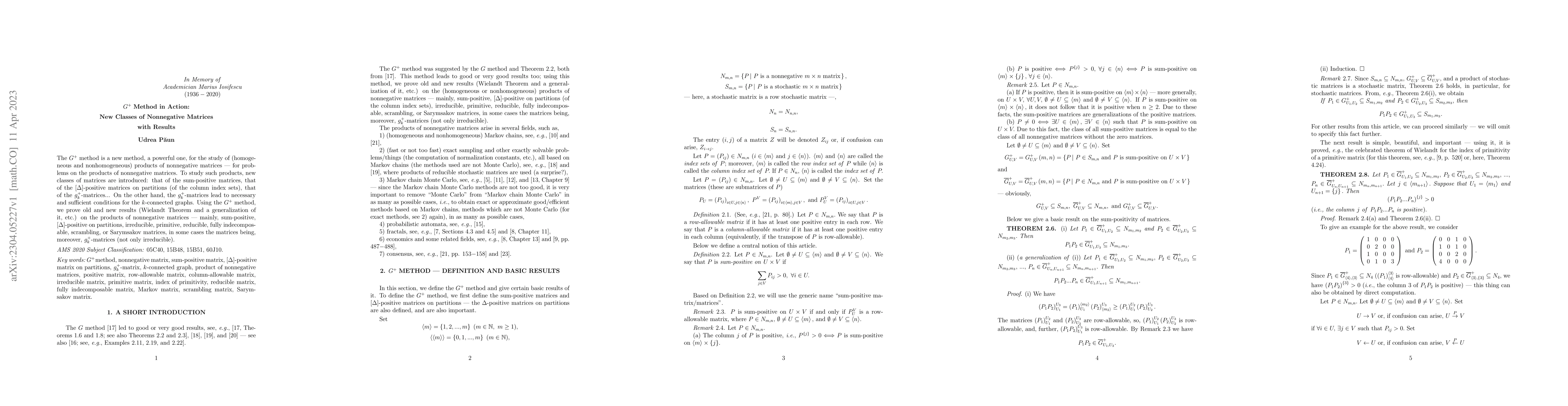 Thumbnail for $G^{+}$ Method in Action: New Classes of Nonnegative Matrices with
  Results