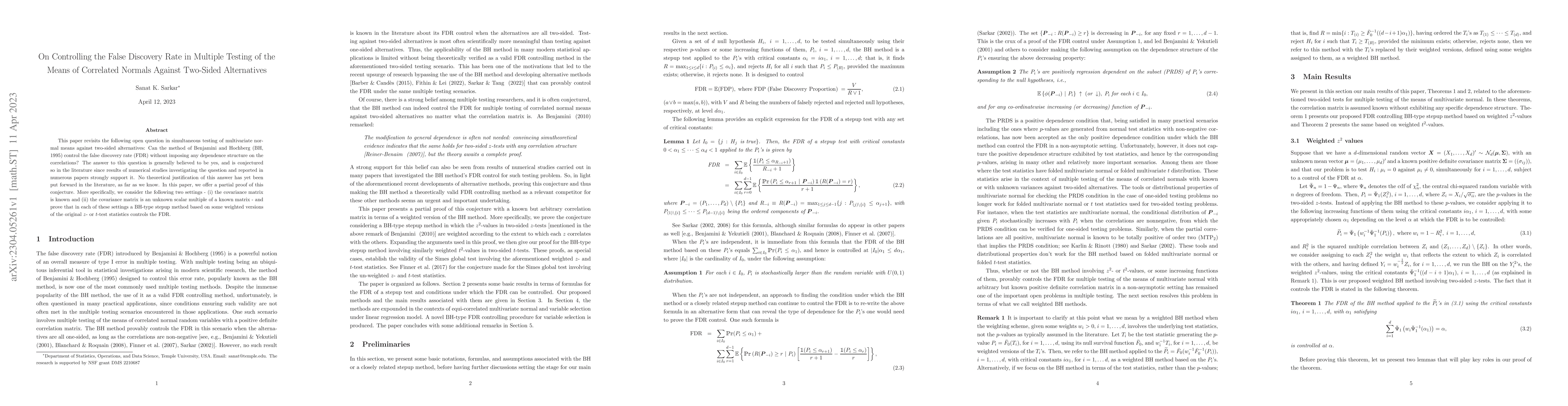 Thumbnail for On Controlling the False Discovery Rate in Multiple Testing of the Means
  of Correlated Normals Against Two-Sided Alternatives