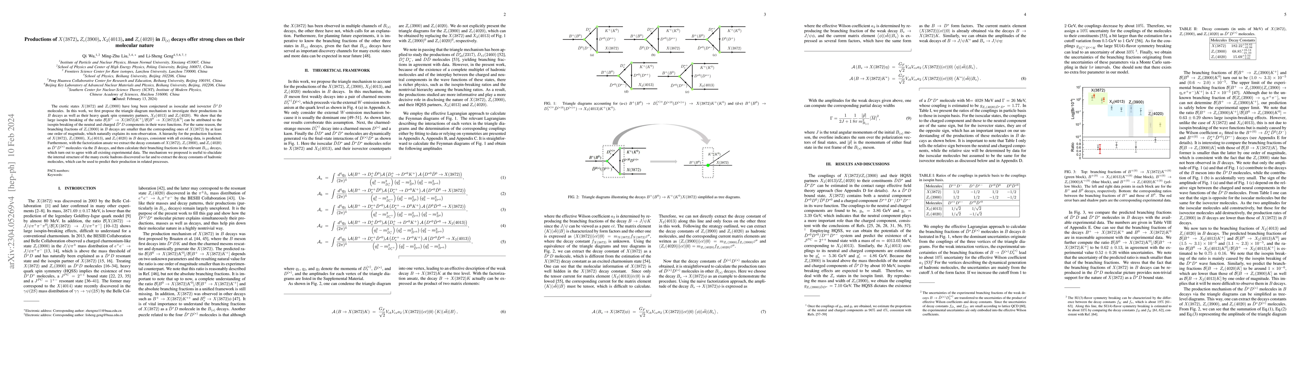 Thumbnail for Productions of $X(3872)$, $Z_c(3900)$, $X_2(4013)$, and $Z_c(4020)$ in
  $B_{(s)}$ decays offer strong clues on their molecular nature