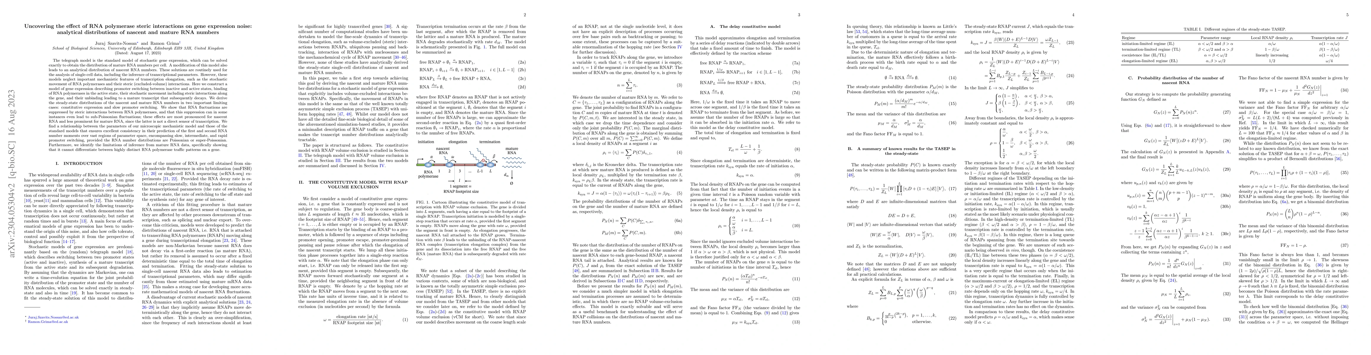 Thumbnail for Uncovering the effect of RNA polymerase steric interactions on gene
  expression noise: analytical distributions of nascent and mature RNA numbers