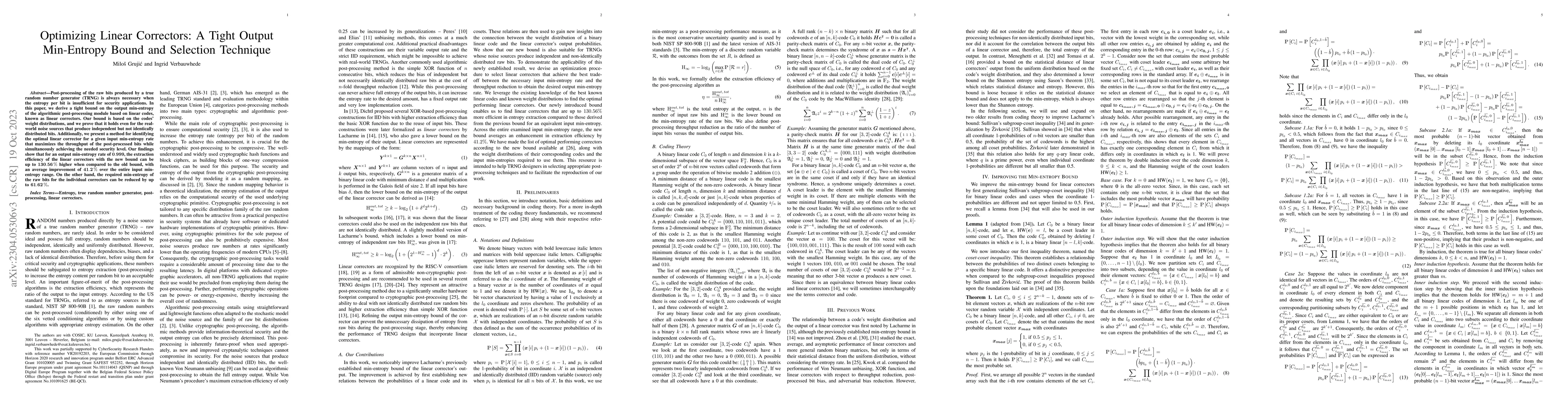 Thumbnail for Optimizing Linear Correctors: A Tight Output Min-Entropy Bound and
  Selection Technique
