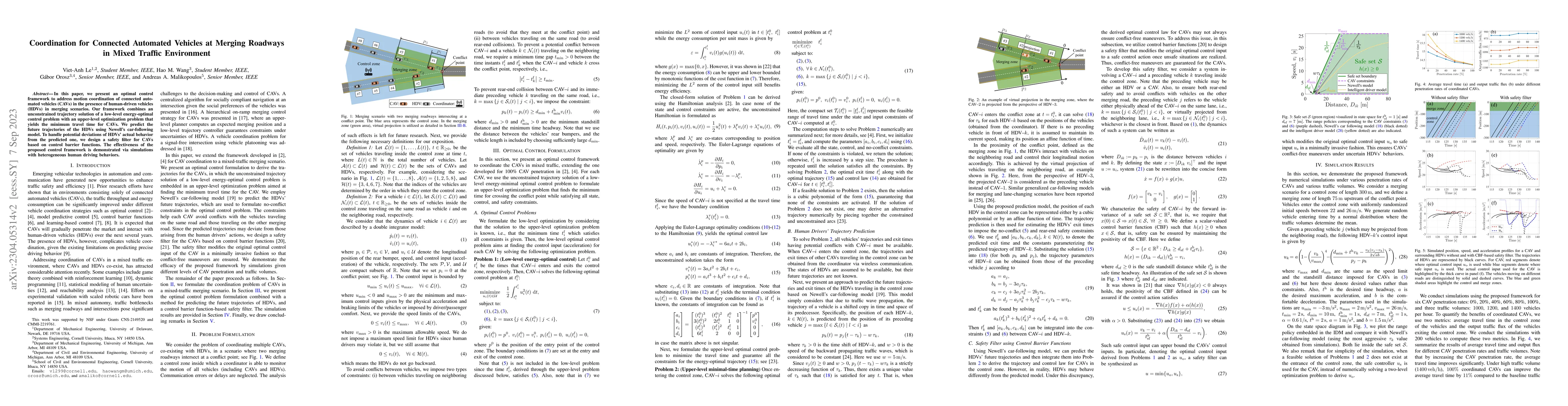 Thumbnail for Coordination for Connected Automated Vehicles at Merging Roadways in
  Mixed Traffic Environment