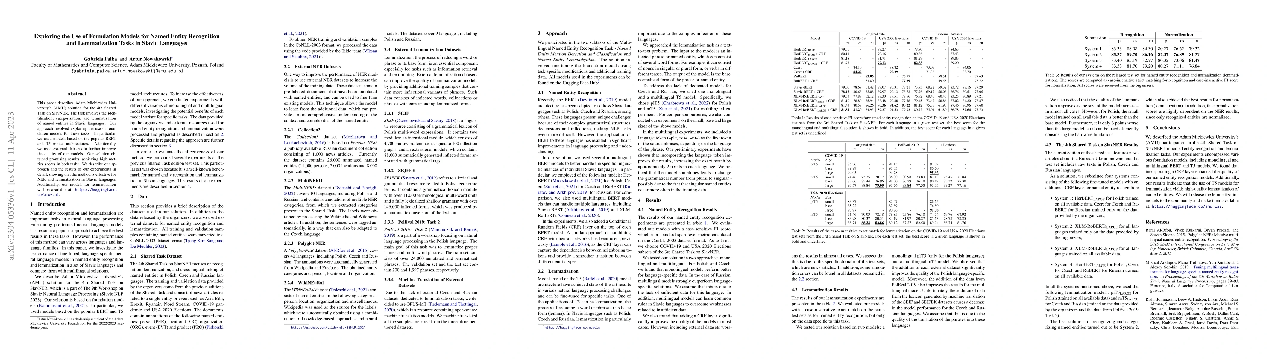 Thumbnail for Exploring the Use of Foundation Models for Named Entity Recognition and
  Lemmatization Tasks in Slavic Languages