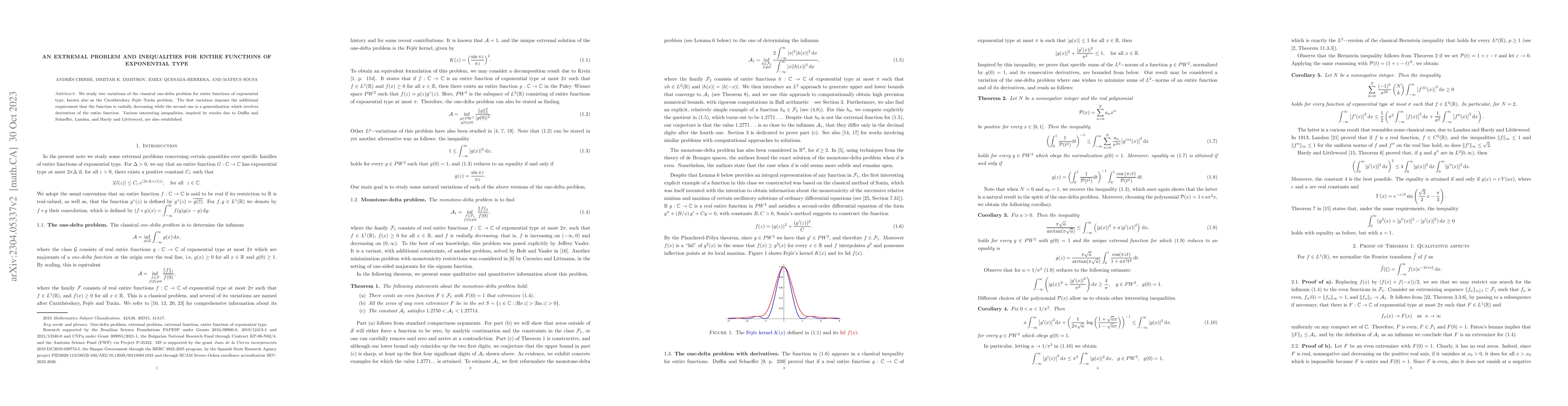 Thumbnail for An extremal problem and inequalities for entire functions of exponential
  type