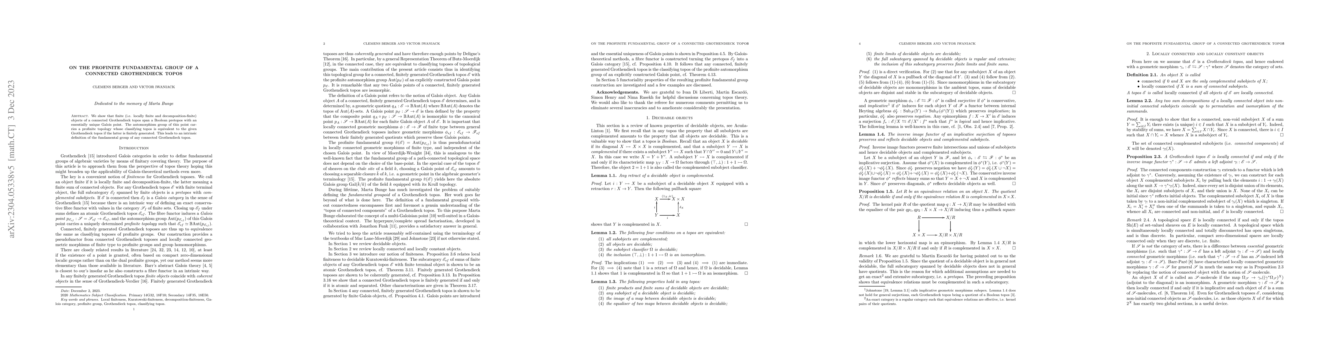 Thumbnail for On the profinite fundamental group of a connected Grothendieck topos