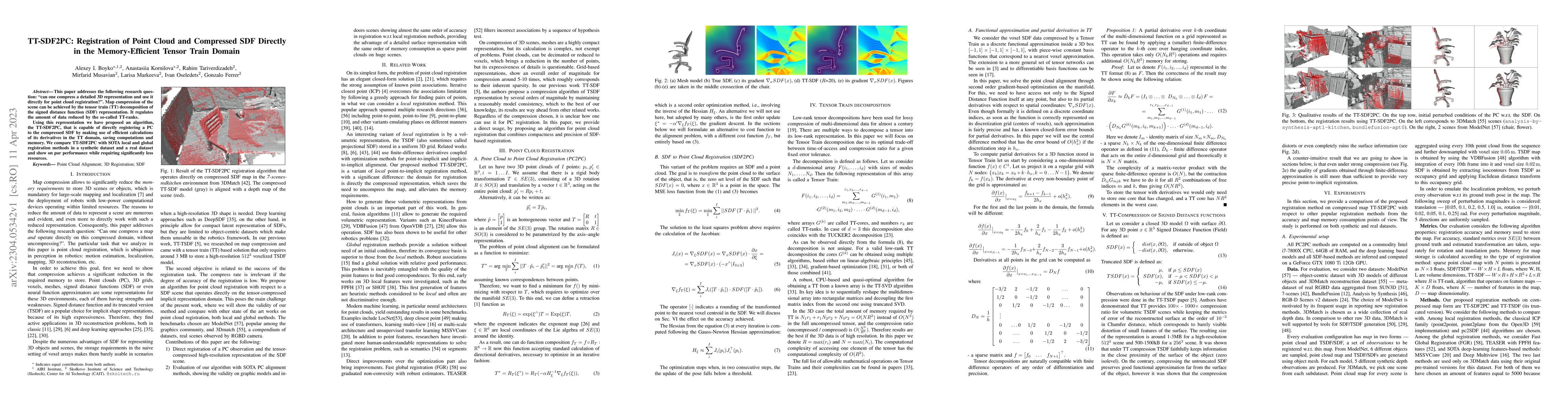 Thumbnail for TT-SDF2PC: Registration of Point Cloud and Compressed SDF Directly in
  the Memory-Efficient Tensor Train Domain