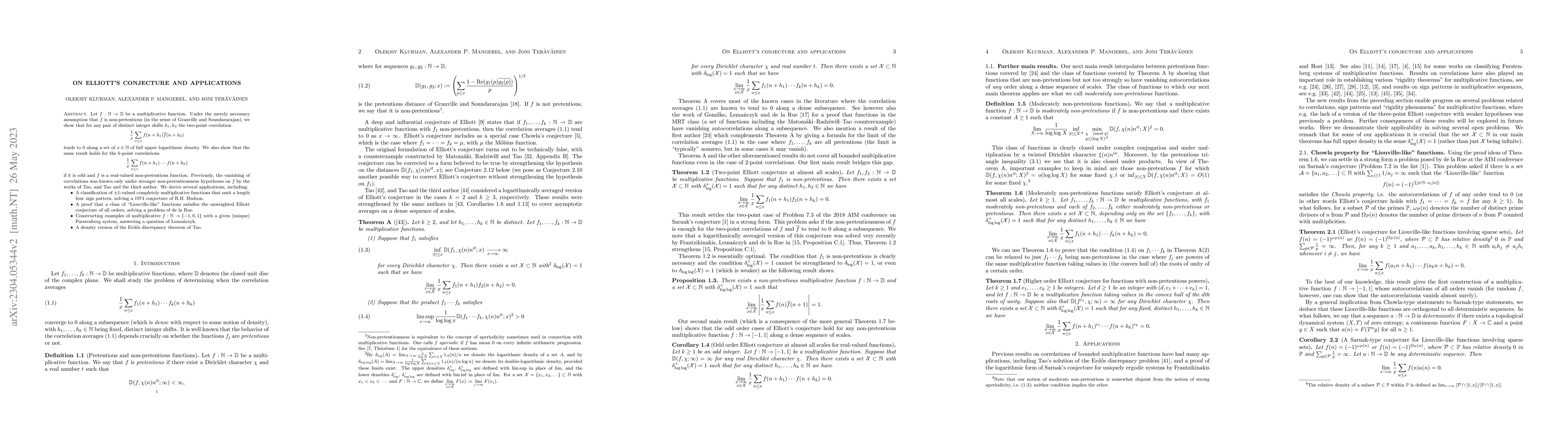 Thumbnail for On Elliott's conjecture and applications