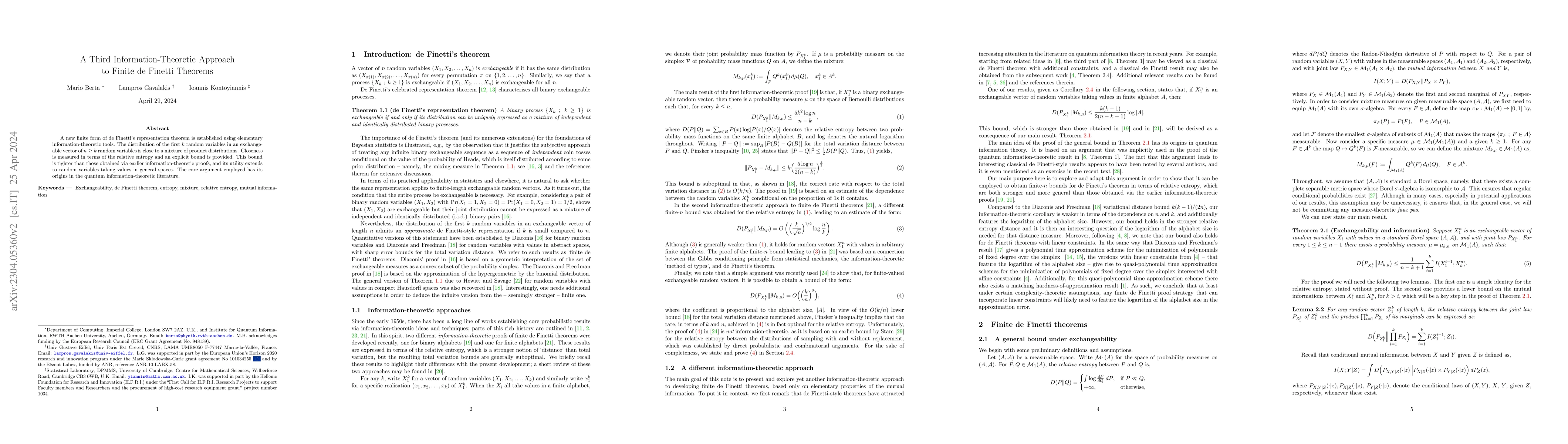 Thumbnail for A Third Information-Theoretic Approach to Finite de Finetti Theorems