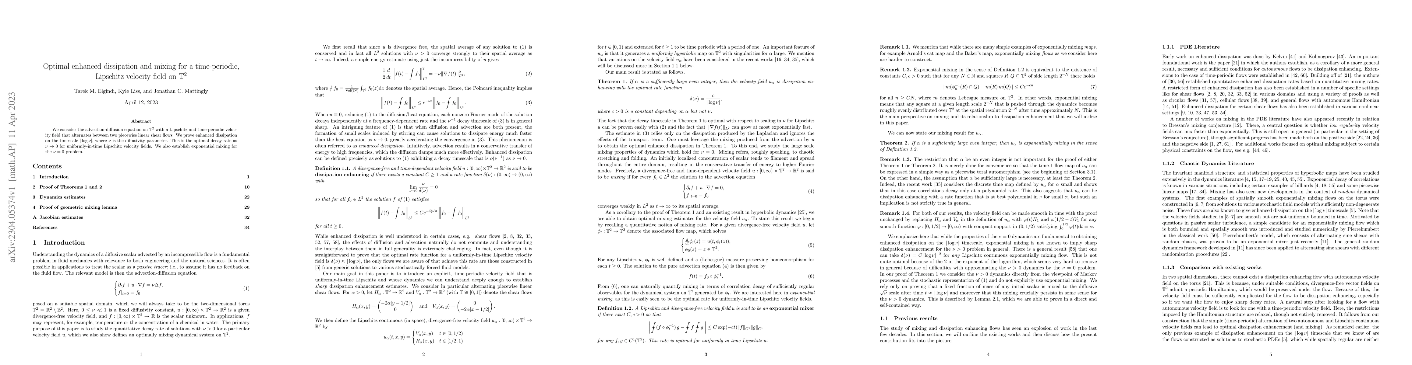Thumbnail for Optimal enhanced dissipation and mixing for a time-periodic, Lipschitz
  velocity field on $\mathbb{T}^2$