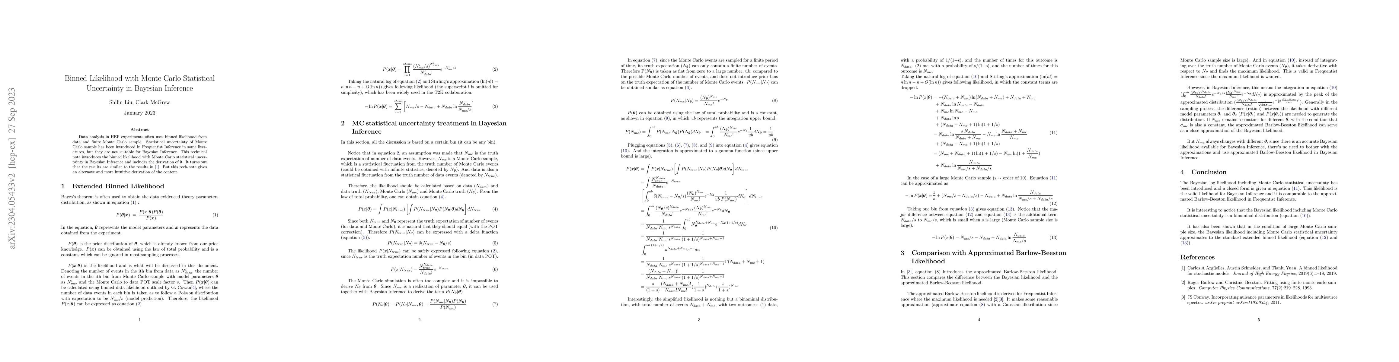 Thumbnail for Binned Likelihood including Monte Carlo Statistical Uncertainty in
  Bayesian Inference