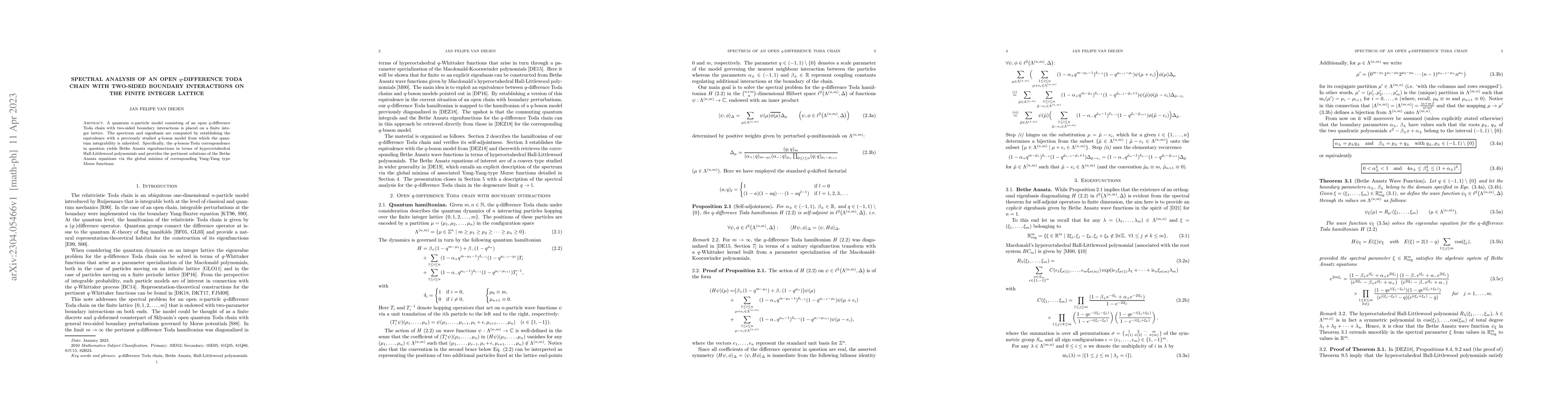 Thumbnail for Spectral analysis of an open $q$-difference Toda chain with two-sided
  boundary interactions on the finite integer lattice