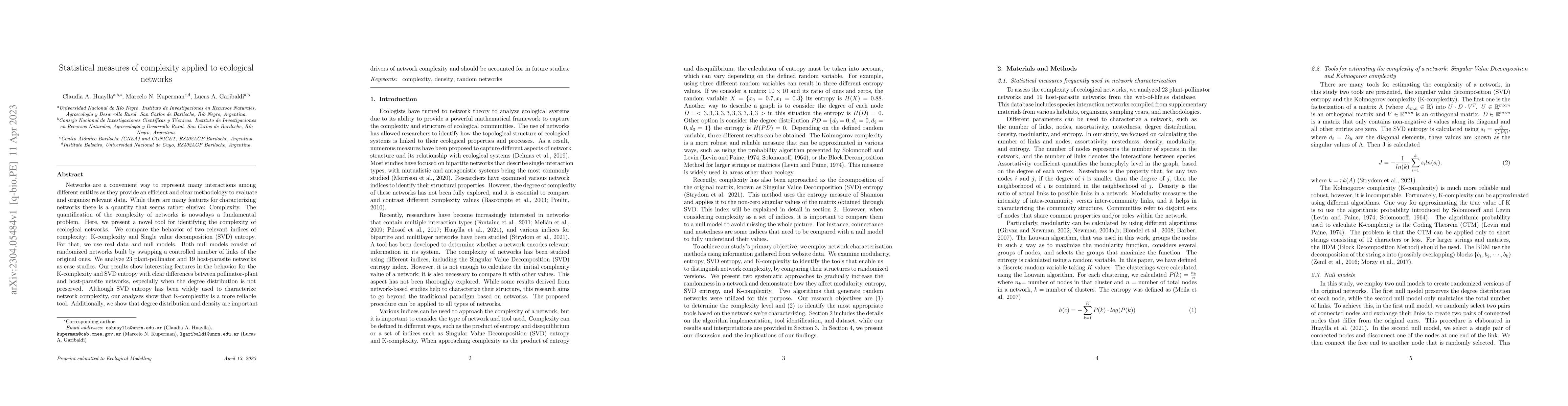Thumbnail for Statistical measures of complexity applied to ecological networks